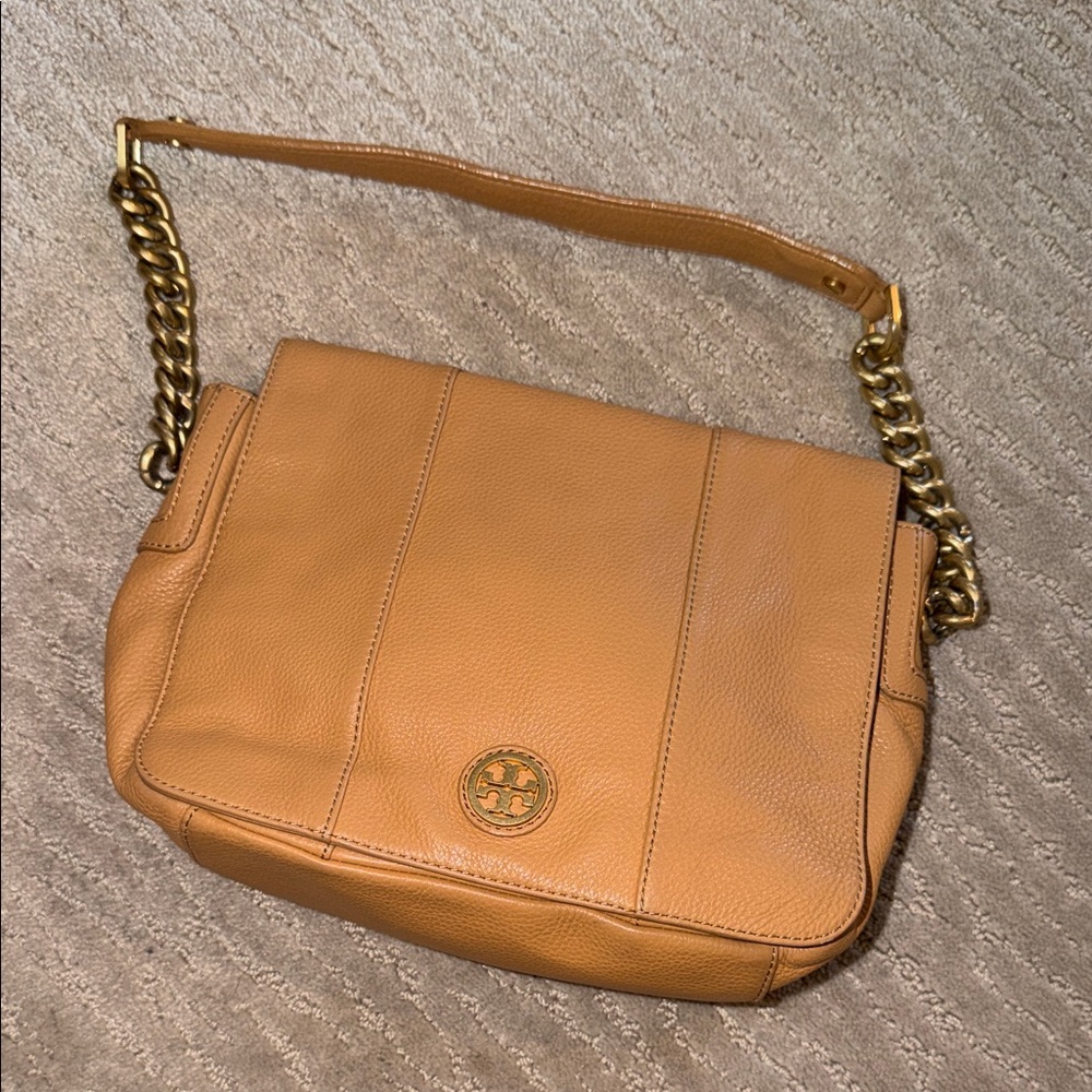 Tory Burch Cognac Pebbled Leather Shoulder Bag with Gold Chain
